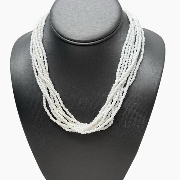 Vintage Trifari TM Necklace White Glass Seed Bead Multi Strand Bohemian Beauty - Picture 2 of 10